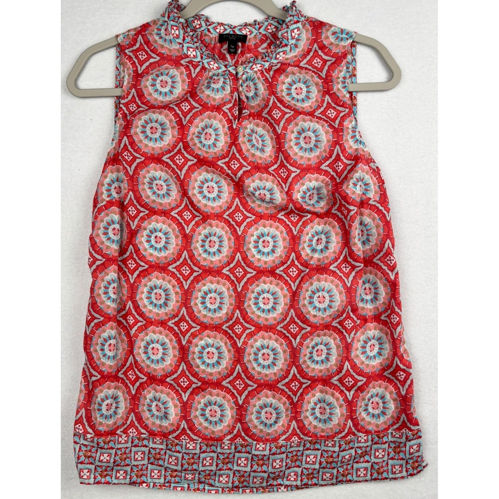 Talbots Sleeveless Blouse Womens SP Petite Cotton Geometric Ruffle Neck